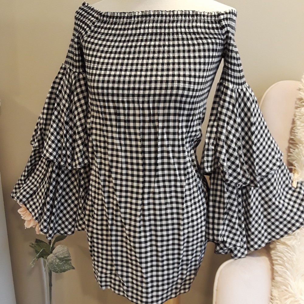 (MASSEYS) Bell Sleeve Gingham Print Dress